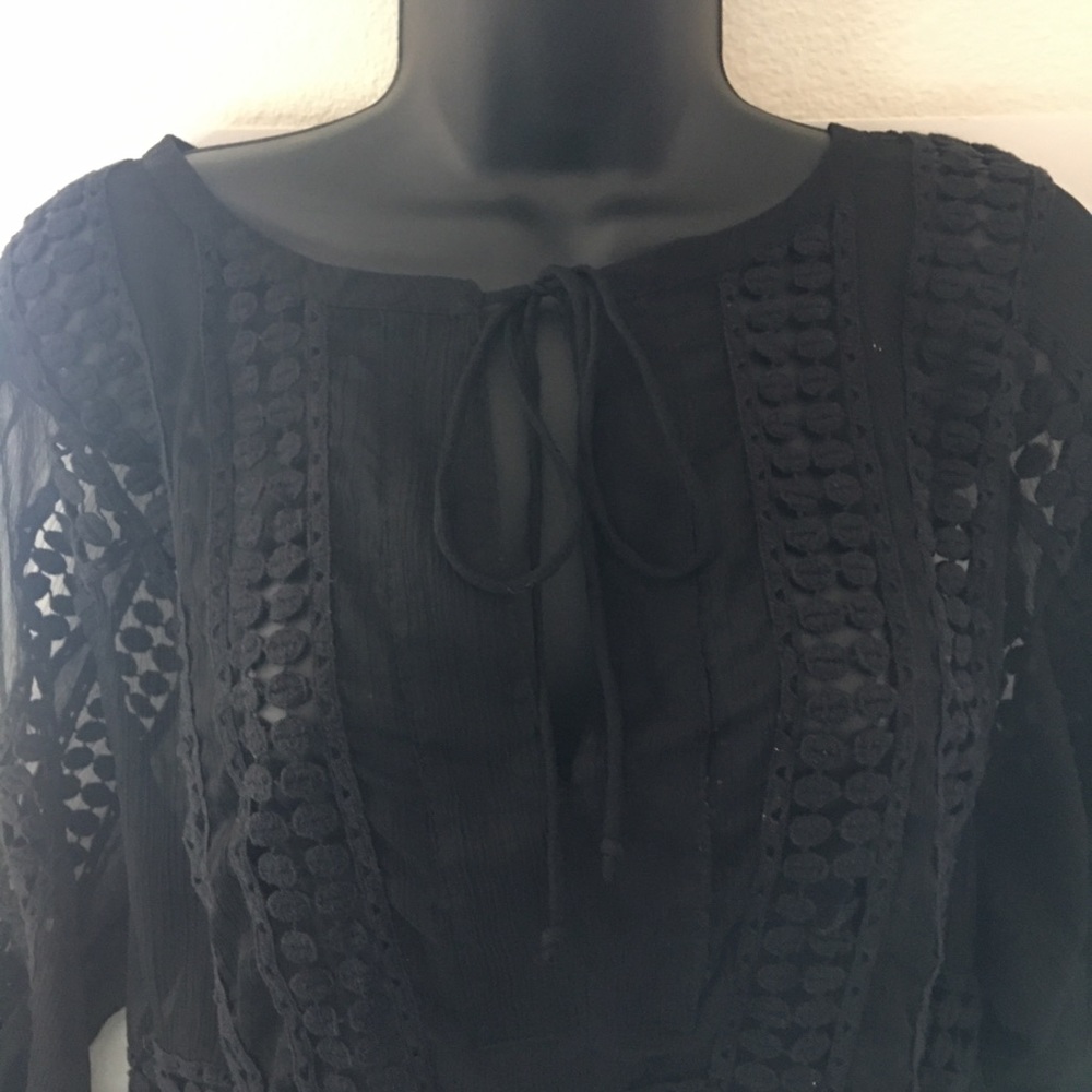 Daniel Rainn Sheer Black Crochet Lace Trim Peasant Blouse Size S - Picture 2 of 7